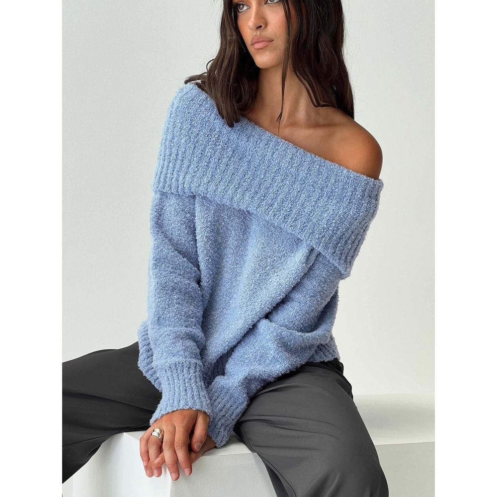 Princess Polly Parkley‎ Boucle Off The Shoulder Blue Sweater Size XS/S